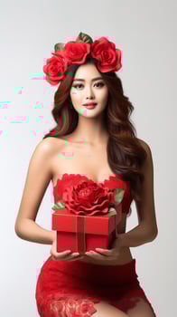 AI generated Asian woman wearing burgundy tulle lace long prom dress on christmas eve, Generative AI. photo