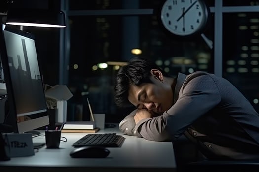 AI generated tired man hard working freelance job project photo