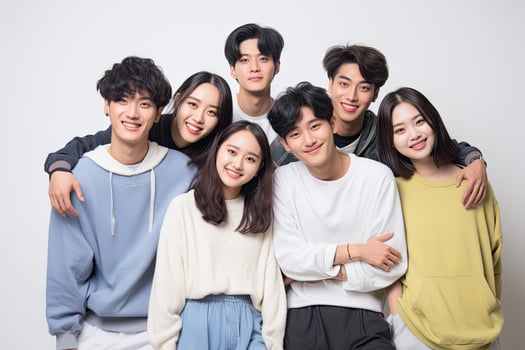 AI generated group of smiling asian men and women standing together photo