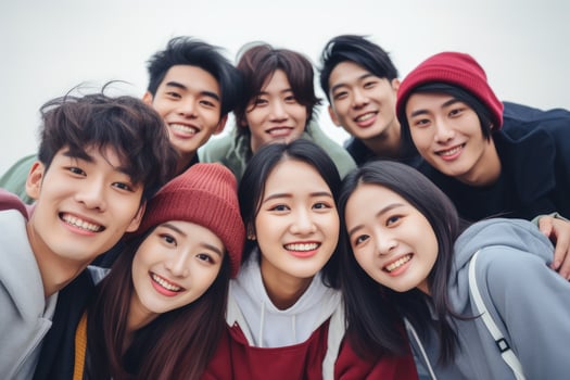 AI generated group of smiling asian men and women standing together photo
