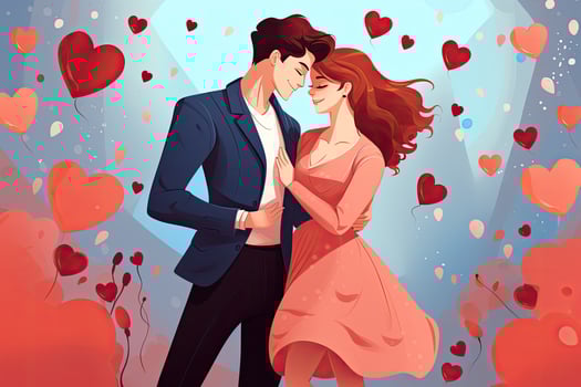 AI generated Romantic couple in love on a background of hearts. Vector illustration, Young couple in love on valentine's day illustration, AI Generated photo