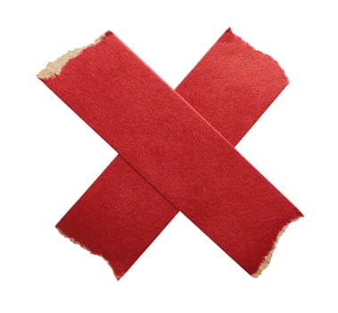 Adhesive red paper X shaped tape cut out on white background photo