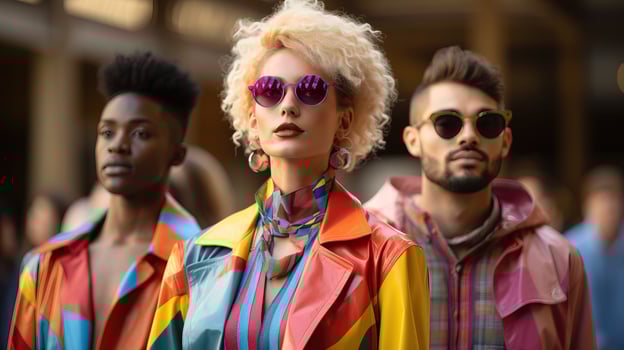 AI generated A modern, sustainable fashion show featuring models showcasing 80s fashion. Generative AI photo