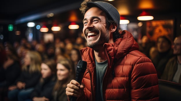 AI generated Live comedy club where the audience laughs at a stand-up show. Generative AI photo