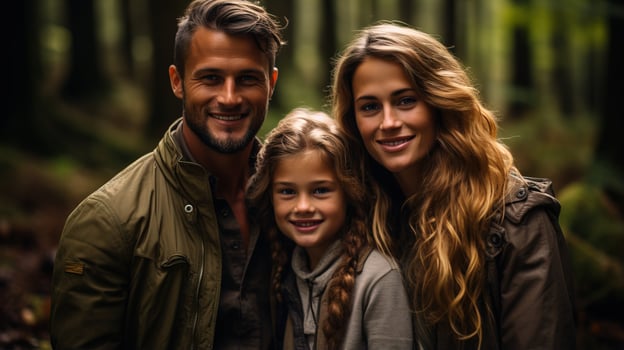 AI generated Cheerful family posing in a forest. Generative AI photo