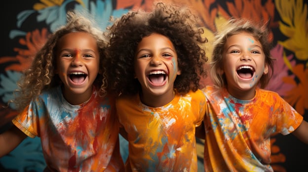 AI generated Excited children show off their painted faces and shirts, smiling proudly. Generative AI photo