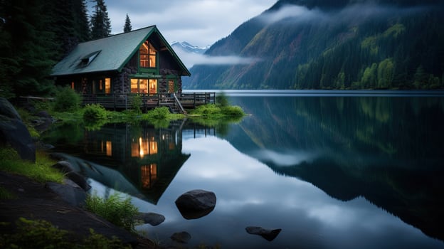 AI generated Peaceful cottage in woodland by the lake. Generative AI photo