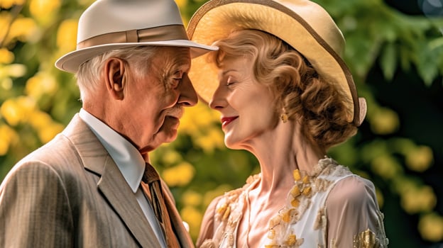 AI generated Elderly couple in elegant attire, sharing a heartfelt kiss in a lush garden setting. Generative AI photo