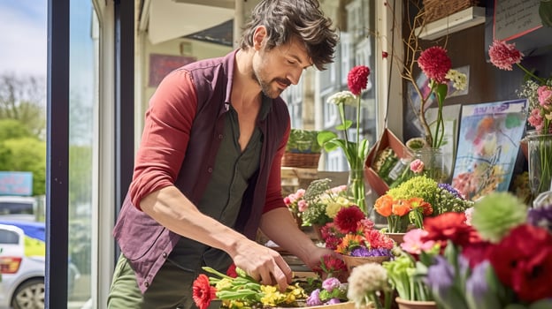 AI generated Young man buying bouquet from florist for someone special. Generative AI photo