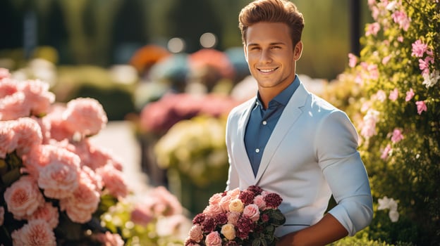 AI generated Young man buying bouquet from florist for someone special. Generative AI photo