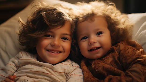 AI generated Cheerful little boy lovingly embraces his newborn brother in a comfortable bed environment. Generative AI photo