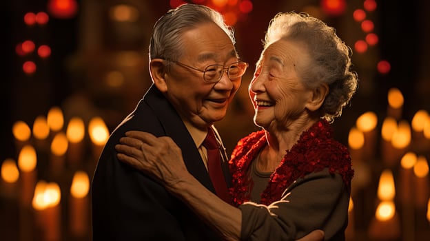 AI generated Elderly couples enjoy the night dancing in a lively community center. Generative AI photo