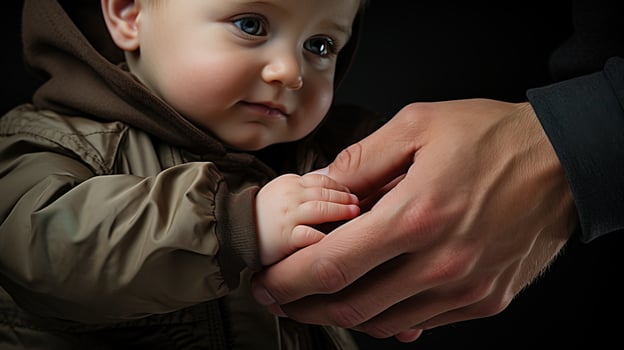 AI generated Close-up view of a father's hand gently holding his little son's tiny finger. Generative AI photo