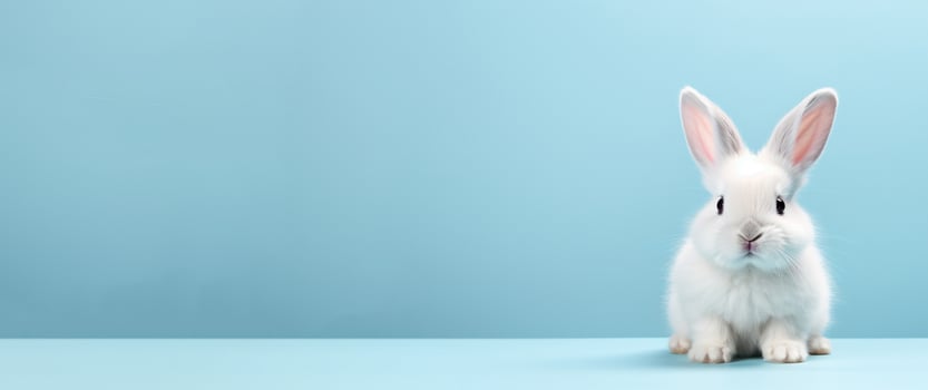 AI generated Cute little white bunny sitting isolated on pastel background. Happy easter concept banner mockup with copy space photo