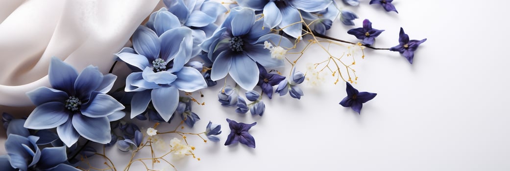AI generated Close up blue flowers and silk on white background. Flat lay top view composition with copy space for banner, card, wedding invitation and holiday branding design concept photo