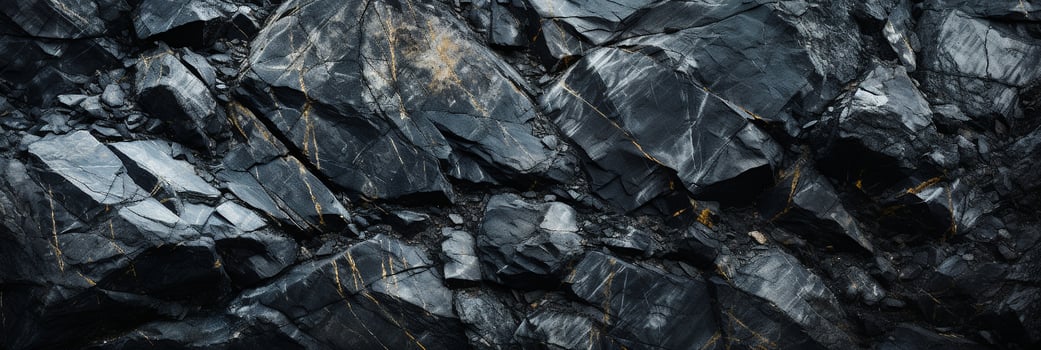AI generated Black stone texture with gold veins. Wide panoramic abstract natural granite marble dark gray rock background with copy space. Grunge modern surface for banner design photo