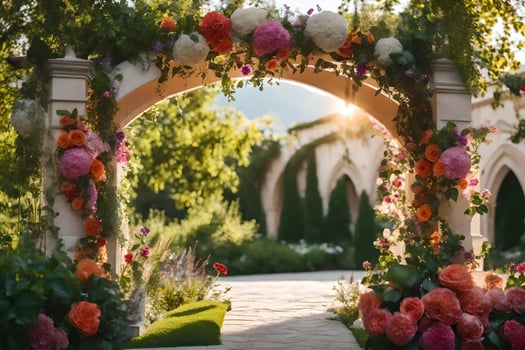 AI generated an archway with flowers and greenery photo