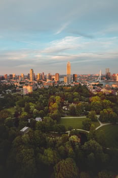 Sunset over Rotterdam city centre and its surrounding park. Sunset in one of the most modern cities in the Netherlands photo