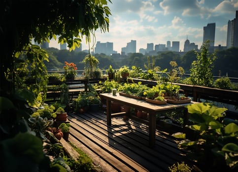 AI generated Lush rooftop garden, tranquil space for urban dwellers photo