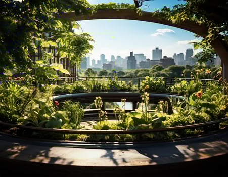 AI generated Lush rooftop garden, tranquil space for urban dwellers photo