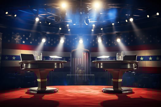 AI generated Wooden stands with debate microphones in a brightly lit studio. Political debates before the US elections. Generative AI photo