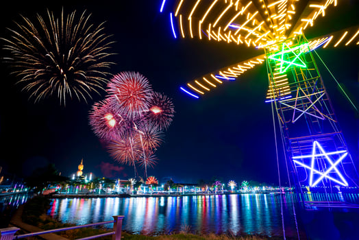 Colorful lights in the outdoor amusement park at night, Temple fair is an annual traditional festival, There is a place for religious ceremonies, Thai traditional food, and a local theme park. photo