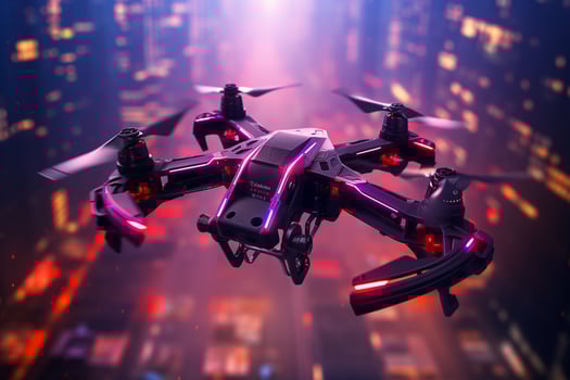 AI generated A racing drone navigates through neonlit photo