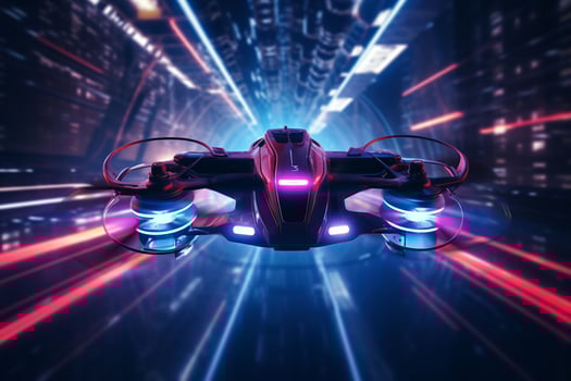 AI generated A racing drone navigates through neonlit photo