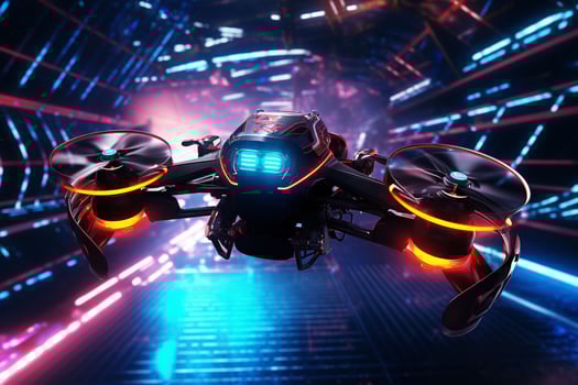 AI generated A racing drone navigates through neonlit photo