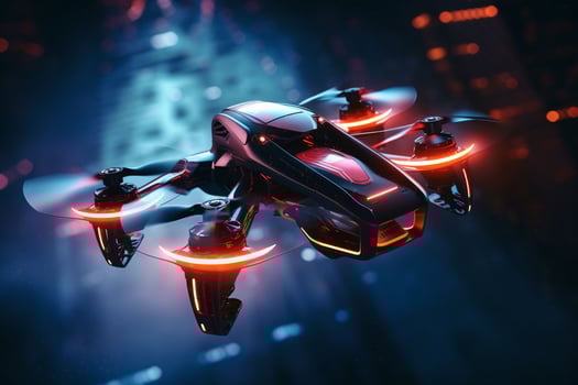 AI generated A racing drone navigates through neonlit photo
