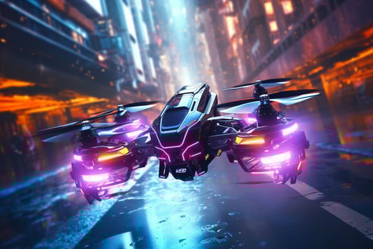 AI generated A racing drone navigates through neonlit photo