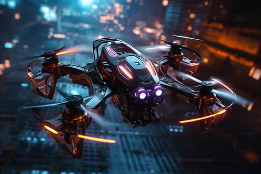AI generated A racing drone navigates through neonlit photo