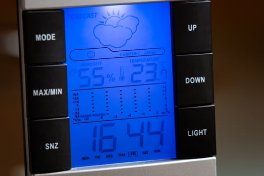 Home digital weather station outside shows temperature humidity, clock and weather forecast photo