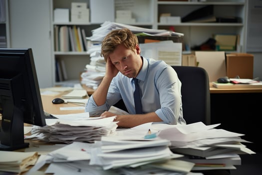 AI generated businessman Leaning in his work chair he looked bored on work desk documents photo