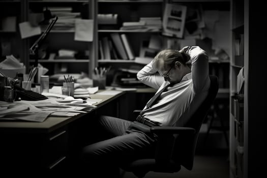 AI generated businessman Leaning in his work chair he looked bored on work desk documents photo