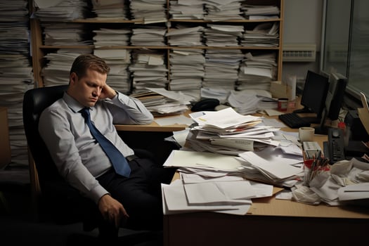 AI generated businessman Leaning in his work chair he looked bored on work desk documents photo