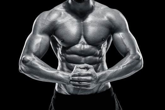 very muscular man posing with naked torso in studio photo