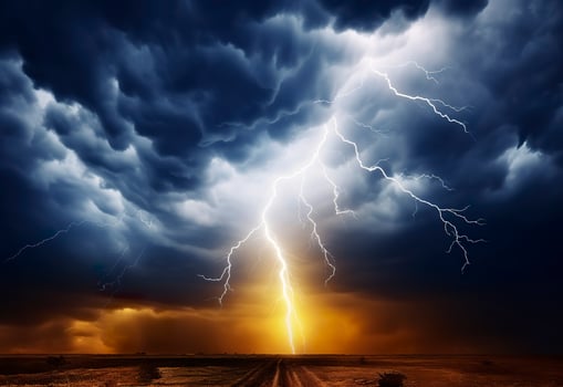 AI generated Lightning strikes on a cloudy dramatic stormy sky. AI Generated photo