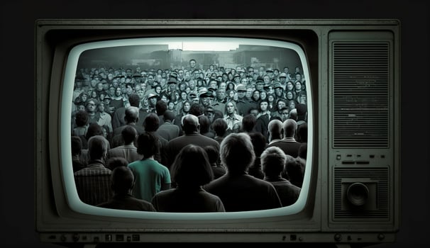AI generated People crowd watching TV. TV addiction, propaganda and fake news concept. Generative AI photo