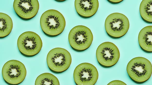 AI generated Slices of kiwi fruit and green mint leaves on a light pastel blue background. AI Generated photo