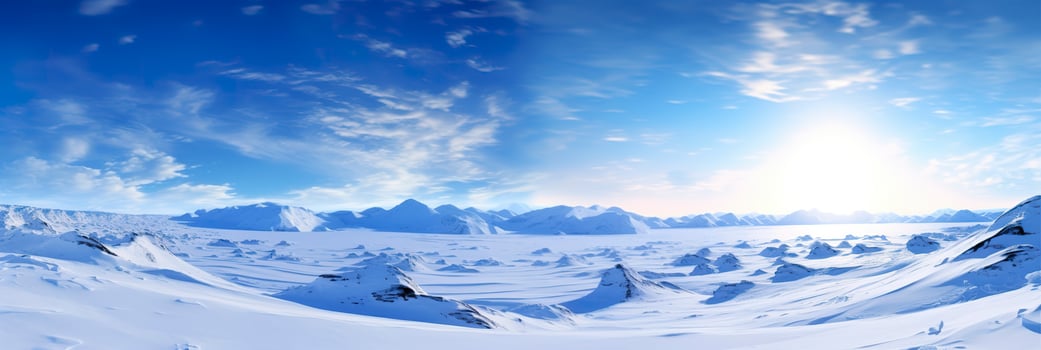 AI generated vast desolated snow land, big mountains in the background, snowfall with light blue sky and light blue colors, peaceful atmosphere,  AI Generative photo