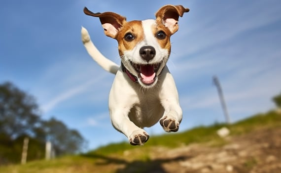 AI generated Jack Russel Parson Dog Run Toward The Camera Low Angle High Speed Shot. AI Generated photo