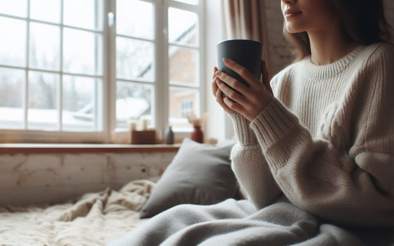 AI generated Young woman holds a hot drink in her hand inside the warm house on the living room sofa Woman drinking hot coffee Outside the window shows a snowy winter view photo