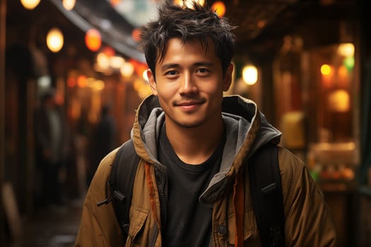 AI generated portrait of smiling young man with backpack a blurred urban background photo