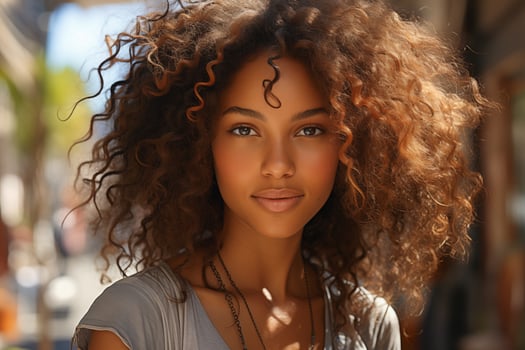 AI generated portrait of beautiful youn woman with curly hair outdoors photo