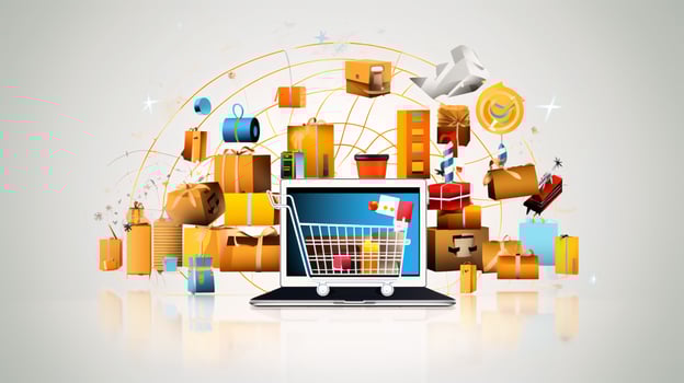 AI generated Online shopping representation with people on digital devices surrounded by gifts and icons of products photo