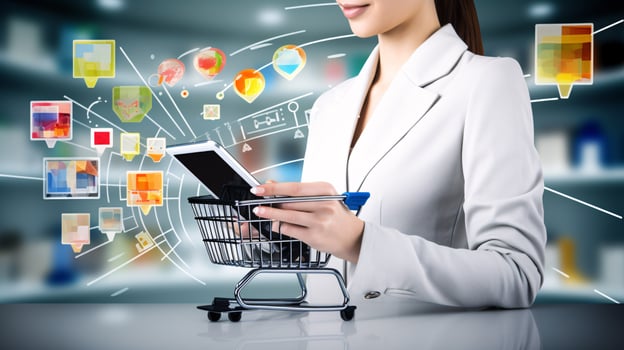 AI generated Online shopping representation with people on digital devices surrounded by gifts and icons of products photo