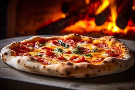 AI generated Freshly baked pizza closeup, traditional wood fired oven background. AI Generated photo