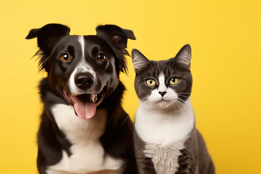 AI generated Cat and dog together with happy expressions on yellow background. AI Generated photo
