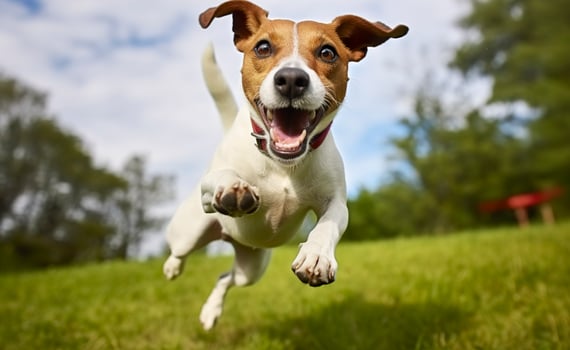 AI generated Jack Russel Parson Dog Run Toward The Camera Low Angle High Speed Shot. AI Generated photo